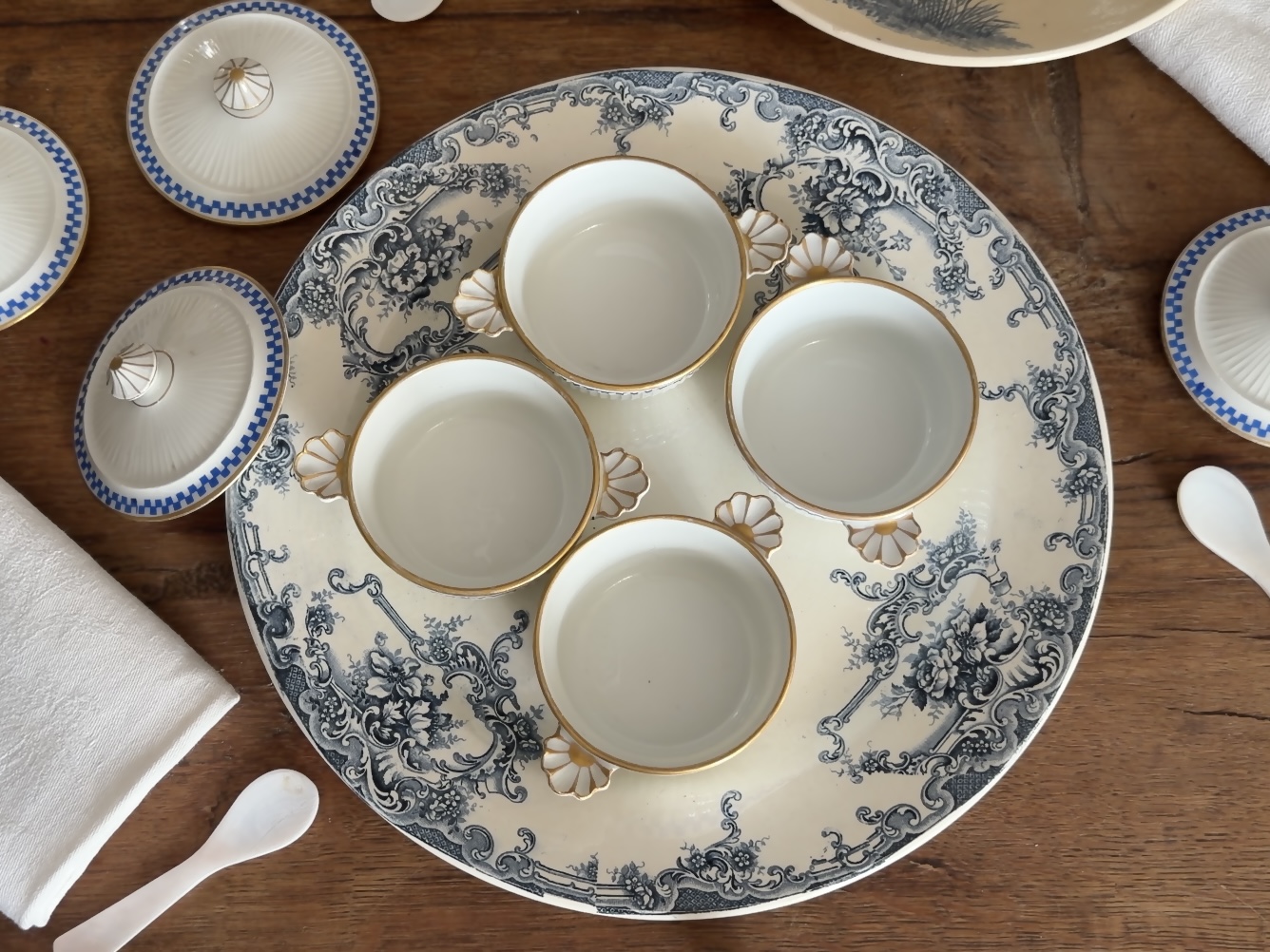 Overhead view of the open porcelain pots showing clean interiors