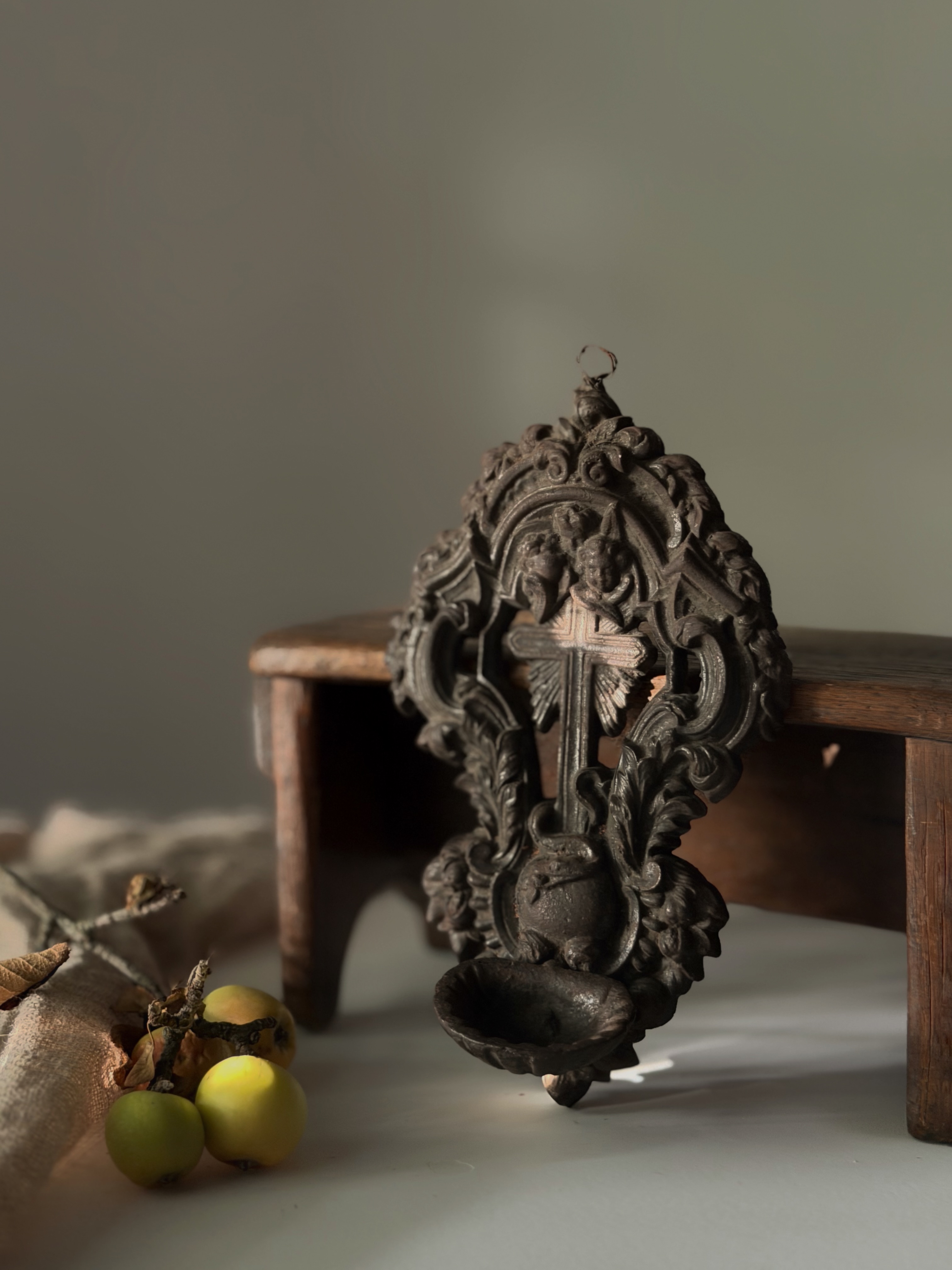 Heavy antique French cast iron holy water font