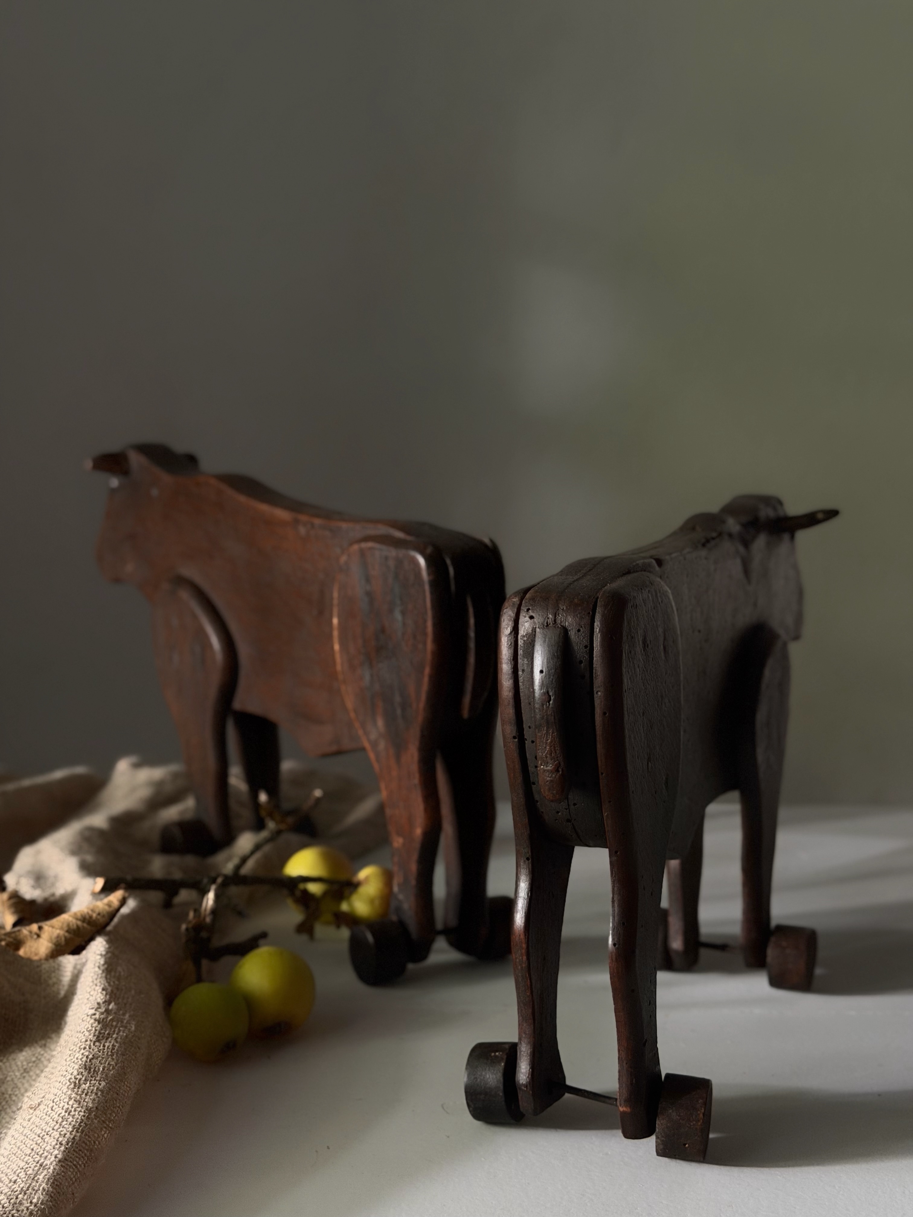 Close-up detail of the dark, seasoned wood patina