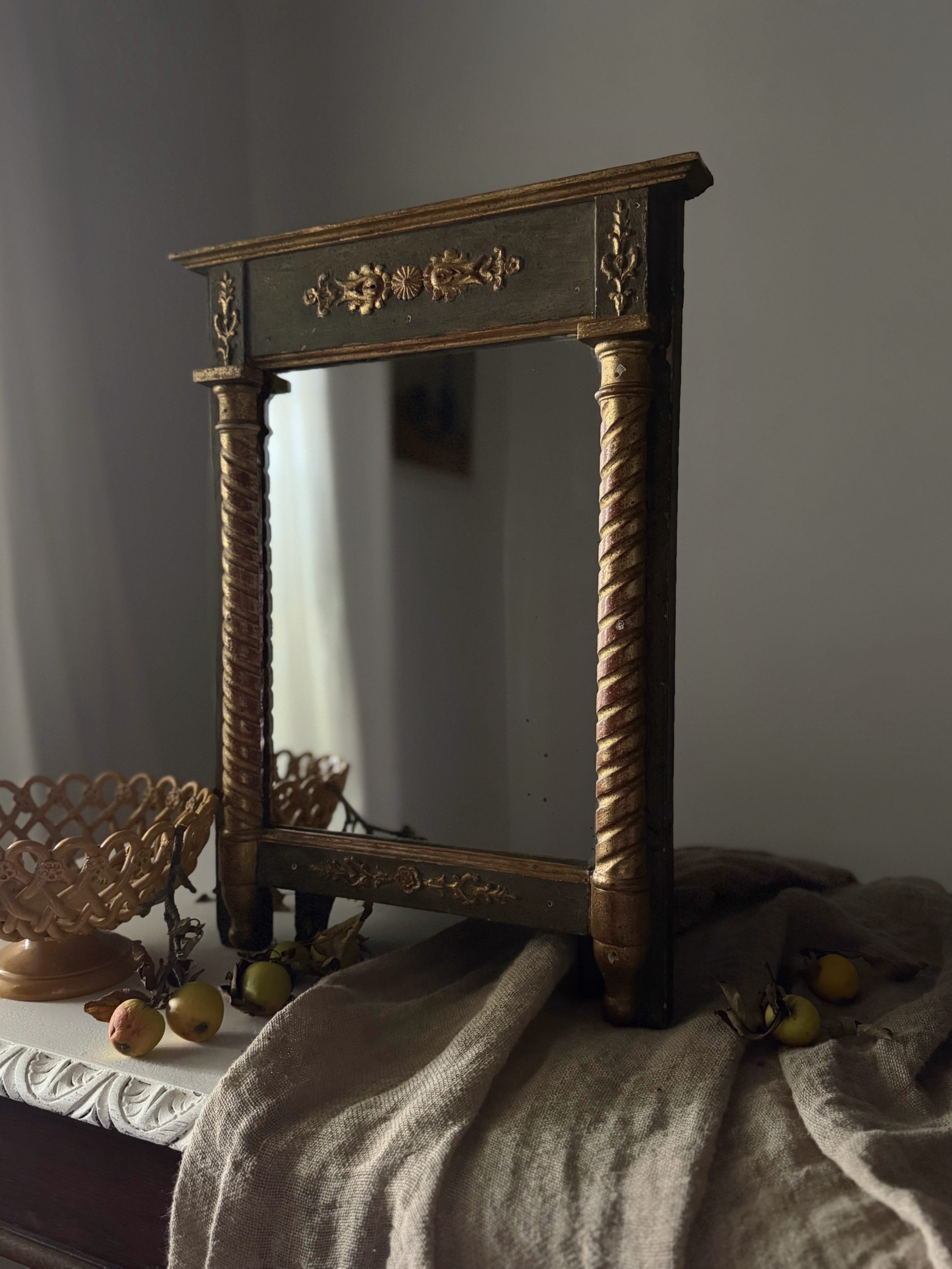 Antique French painted and parcel-gilt architectural mirror